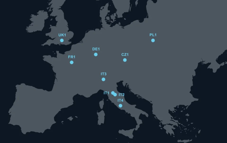 Map of SeFlow Global Cloud data centers in Europe